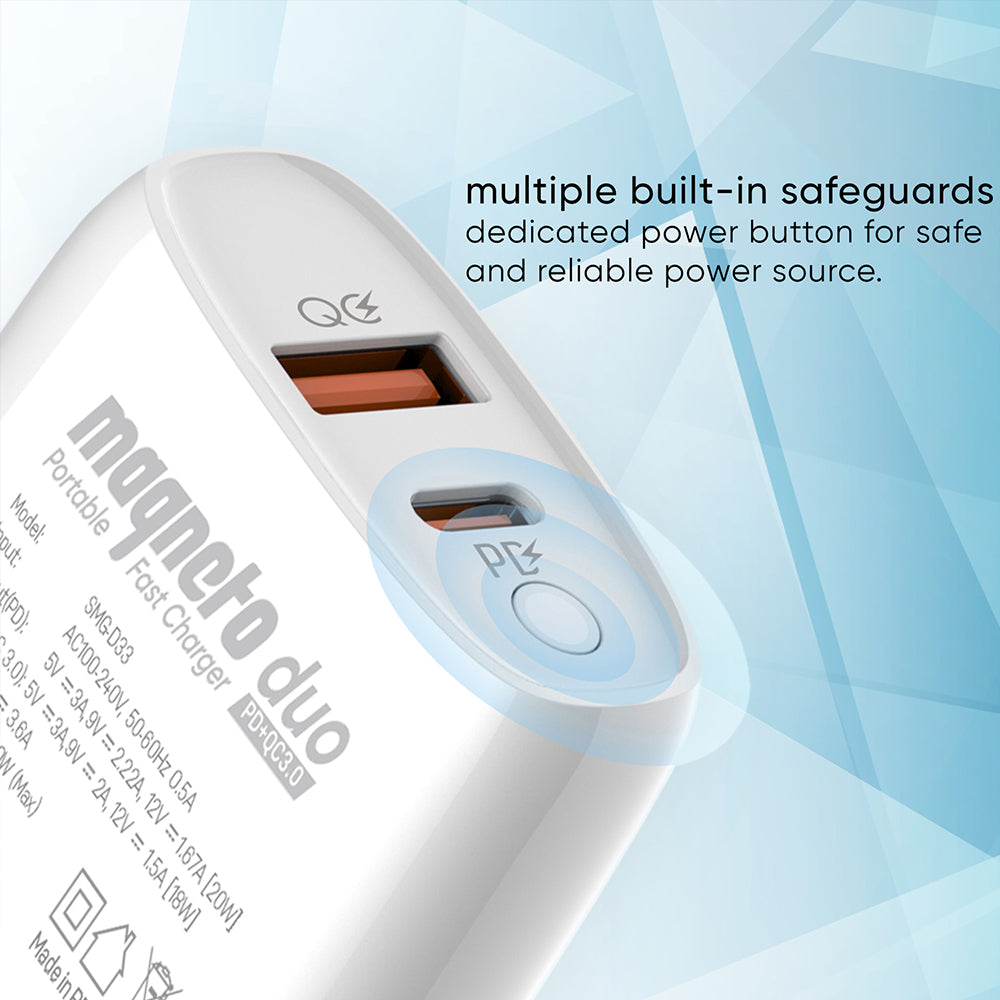 Magneto Duo – 20W Portable Fast Charger with USB-A to USB-C Cable