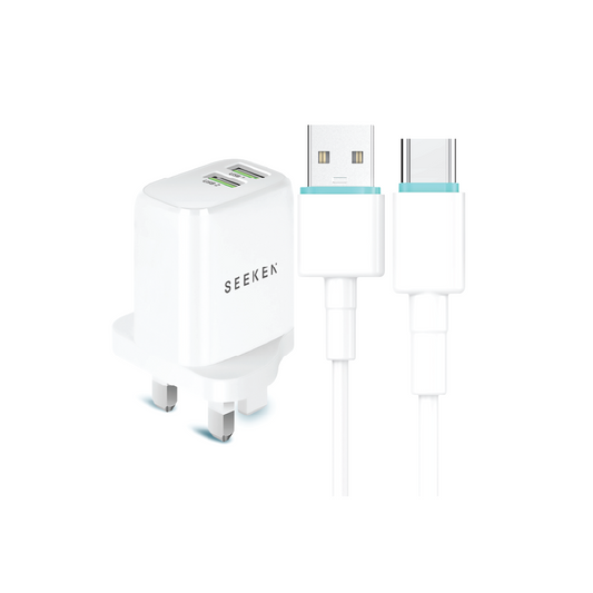 2.4A Dual USB-A Wall Charger With  USB-A to USB-C Cable