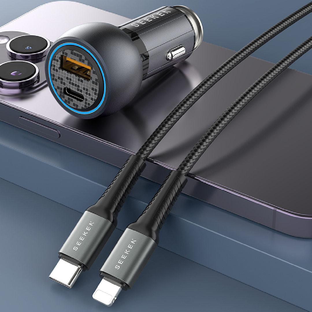 MaxCharge - 52W Fast Dual Port Car Charger with USB-C to Lightning Braided Cable