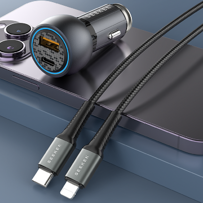 MaxCharge - 52W Fast Dual Port Car Charger with USB-C to Lightning Braided Cable