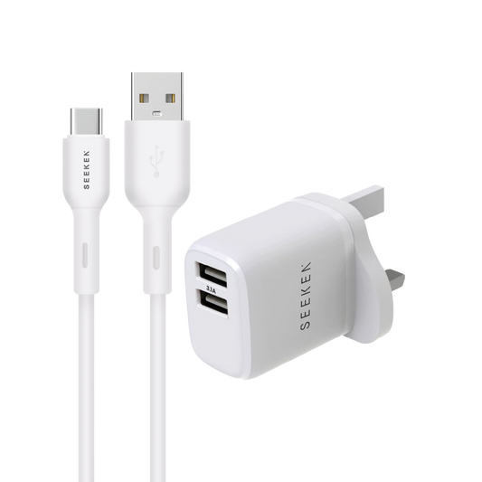 3.1A Dual USB-A Charger with 1meter USB-A to USB-C Cable