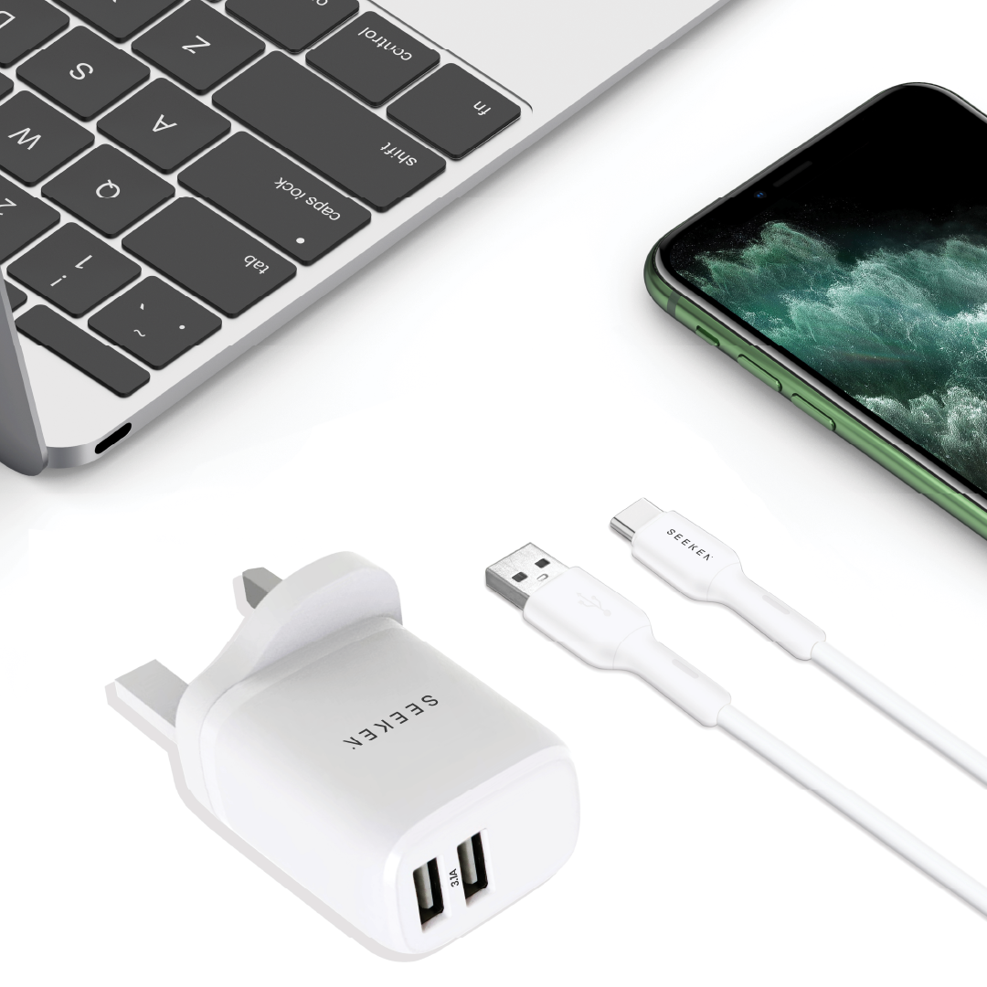 3.1A Dual USB-A Charger with 1meter USB-A to USB-C Cable