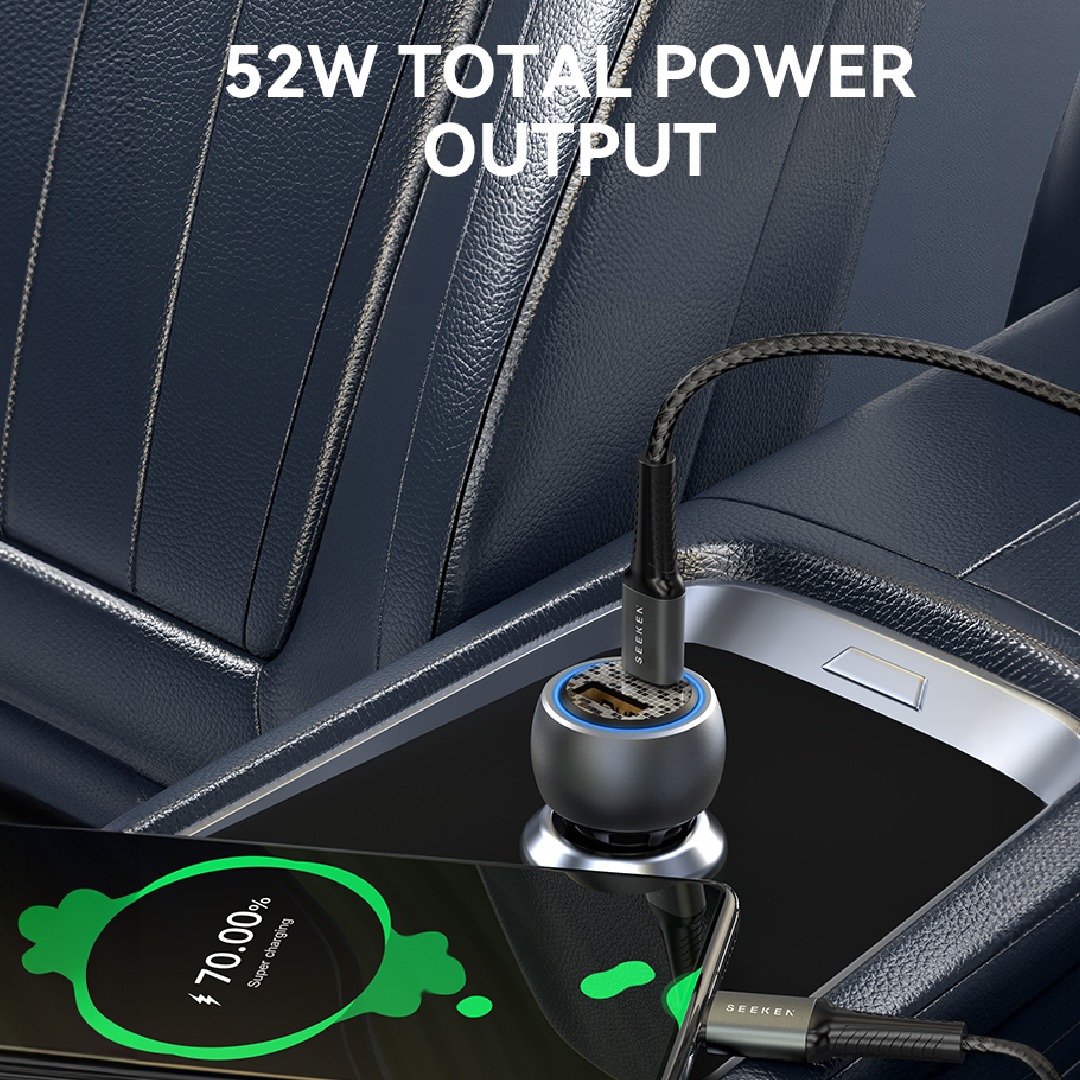 MaxCharge - 52W Fast Dual Port Car Charger with USB-C to Lightning Braided Cable